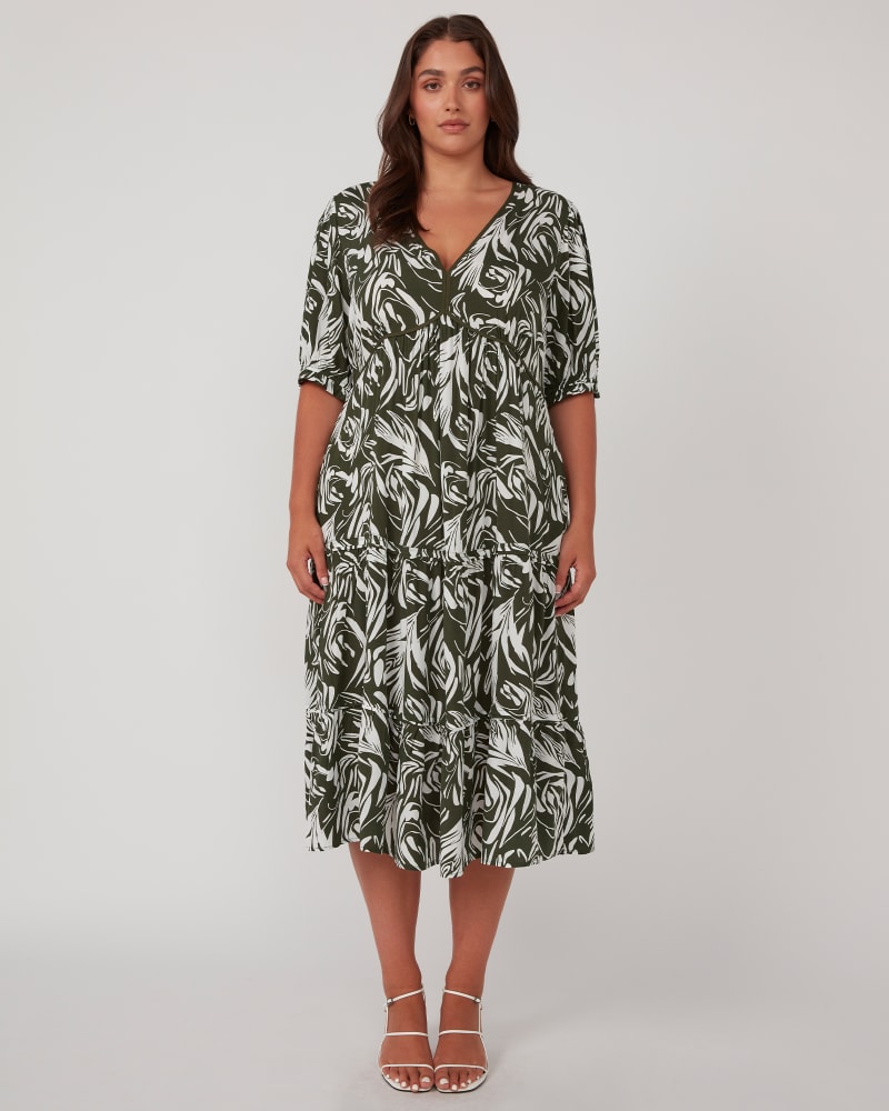 Front of a model wearing a size 20W Abstract Midi Dress in Olive/Milk by Estelle. | dia_product_style_image_id:344493